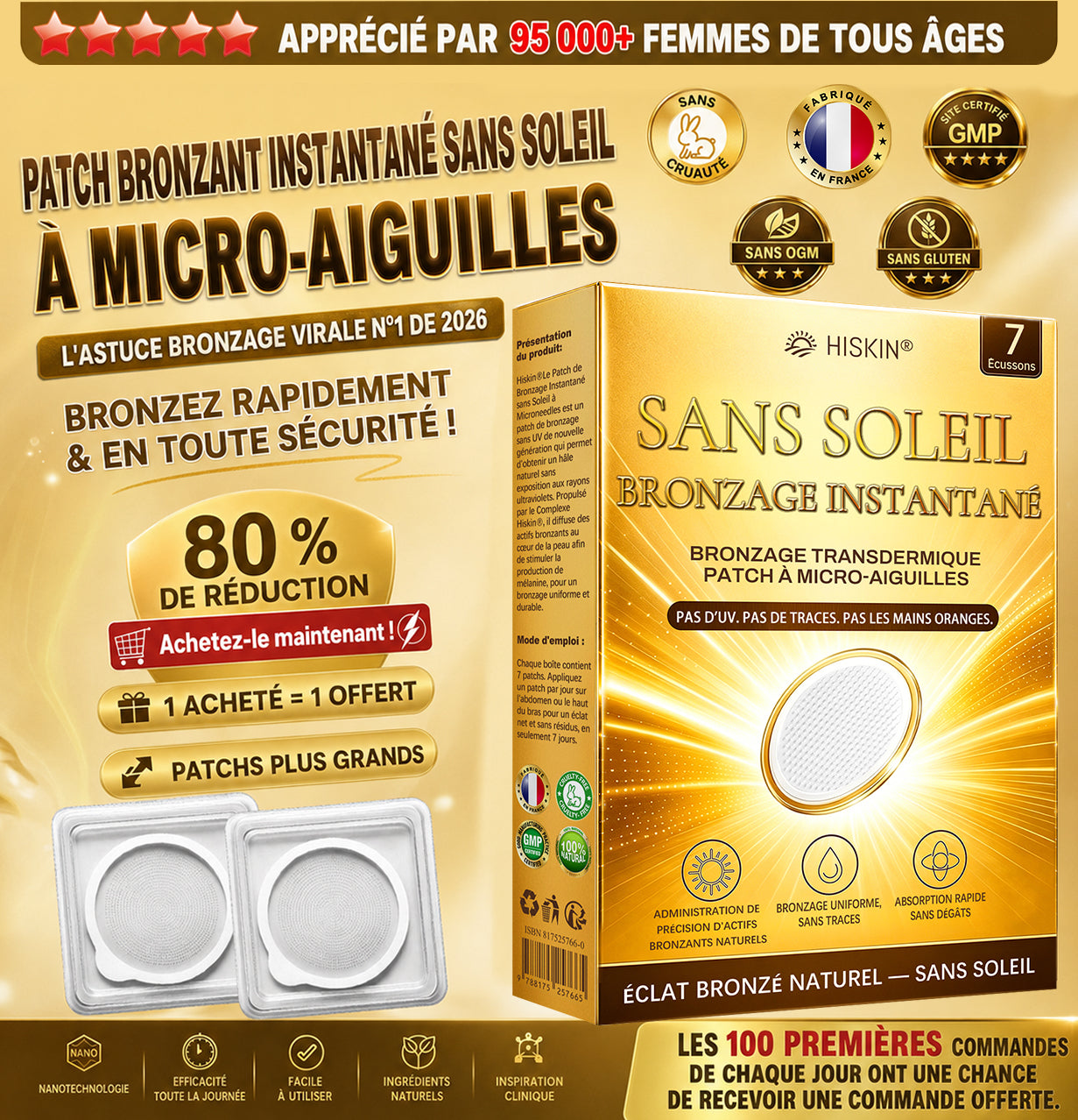 Boutique Officielle | ☀️☀️ Hiskin® Patch Bronzant Instantané Sans Soleil à Micro-Aiguilles 🇫🇷 (Une seule fois par jour) Hâle bronzé visible en 7 jours ✅ Sans UV, sans effet orange, sans traces, sans DHA, sans application salissante.