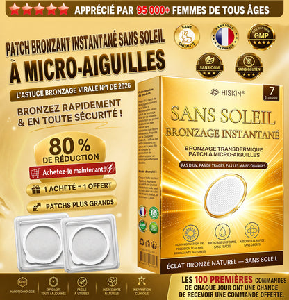 Boutique Officielle | ☀️☀️ Hiskin® Patch Bronzant Instantané Sans Soleil à Micro-Aiguilles 🇫🇷 (Une seule fois par jour) Hâle bronzé visible en 7 jours ✅ Sans UV, sans effet orange, sans traces, sans DHA, sans application salissante.