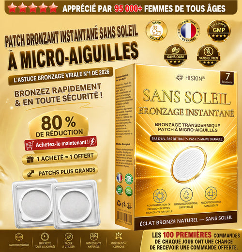 Boutique Officielle | ☀️☀️ Hiskin® Patch Bronzant Instantané Sans Soleil à Micro-Aiguilles 🇫🇷 (Une seule fois par jour) Hâle bronzé visible en 7 jours ✅ Sans UV, sans effet orange, sans traces, sans DHA, sans application salissante.