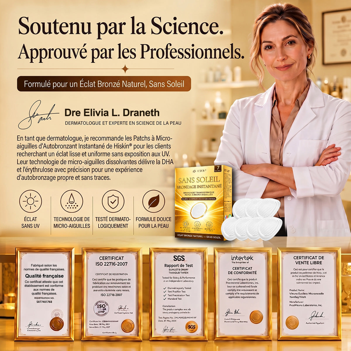 Boutique Officielle | ☀️☀️ Hiskin® Patch Bronzant Instantané Sans Soleil à Micro-Aiguilles 🇫🇷 (Une seule fois par jour) Hâle bronzé visible en 7 jours ✅ Sans UV, sans effet orange, sans traces, sans DHA, sans application salissante.