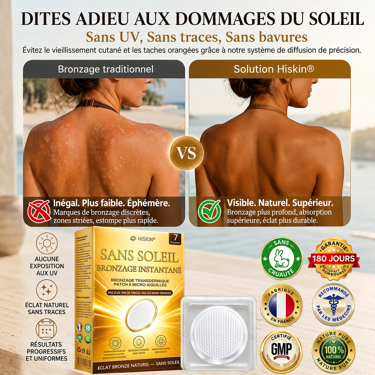 Boutique Officielle | ☀️☀️ Hiskin® Patch Bronzant Instantané Sans Soleil à Micro-Aiguilles 🇫🇷 (Une seule fois par jour) Hâle bronzé visible en 7 jours ✅ Sans UV, sans effet orange, sans traces, sans DHA, sans application salissante.