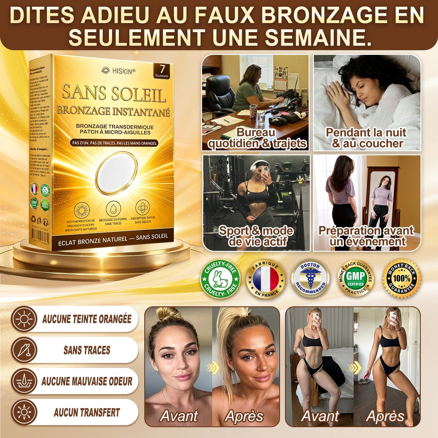 Boutique Officielle | ☀️☀️ Hiskin® Patch Bronzant Instantané Sans Soleil à Micro-Aiguilles 🇫🇷 (Une seule fois par jour) Hâle bronzé visible en 7 jours ✅ Sans UV, sans effet orange, sans traces, sans DHA, sans application salissante.