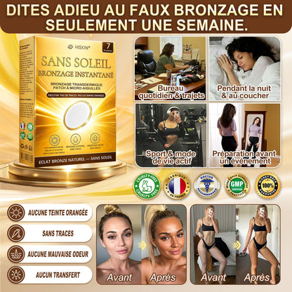 Boutique Officielle | ☀️☀️ Hiskin® Patch Bronzant Instantané Sans Soleil à Micro-Aiguilles 🇫🇷 (Une seule fois par jour) Hâle bronzé visible en 7 jours ✅ Sans UV, sans effet orange, sans traces, sans DHA, sans application salissante.
