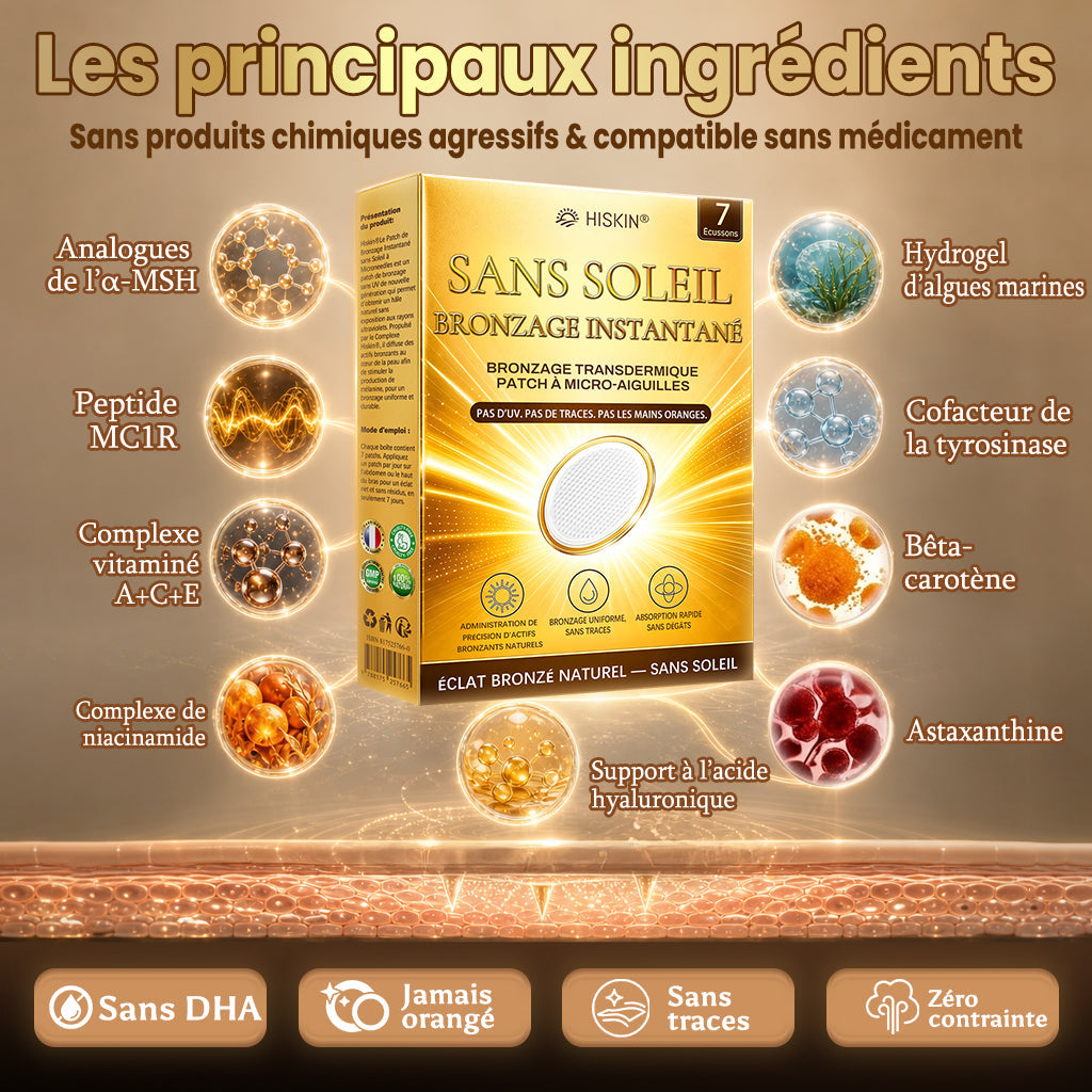 Boutique Officielle | ☀️☀️ Hiskin® Patch Bronzant Instantané Sans Soleil à Micro-Aiguilles 🇫🇷 (Une seule fois par jour) Hâle bronzé visible en 7 jours ✅ Sans UV, sans effet orange, sans traces, sans DHA, sans application salissante.